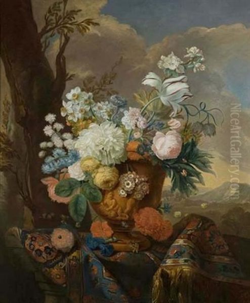 Still Life With Spring Flowers, Terracotta Urn And An Oriental Rug Oil Painting by Justus van Huysum