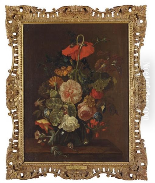 Marigolds, Peonies, Sweetpeas, Thistle, A Rose, An Iris And Other Flowers In A Glass Vase Oil Painting by Justus van Huysum