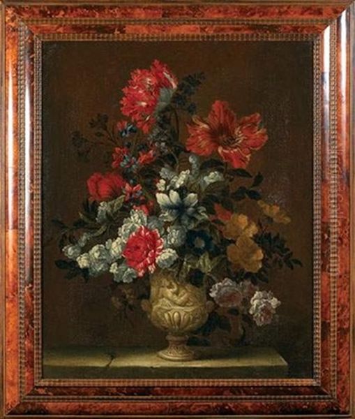 Bouquet De Fleurs Dans Un Vase Orne D'une Figure En Rond-bosse; Jupiter Enfant Nourri Par La Chevre Amalthee Oil Painting by Justus van Huysum