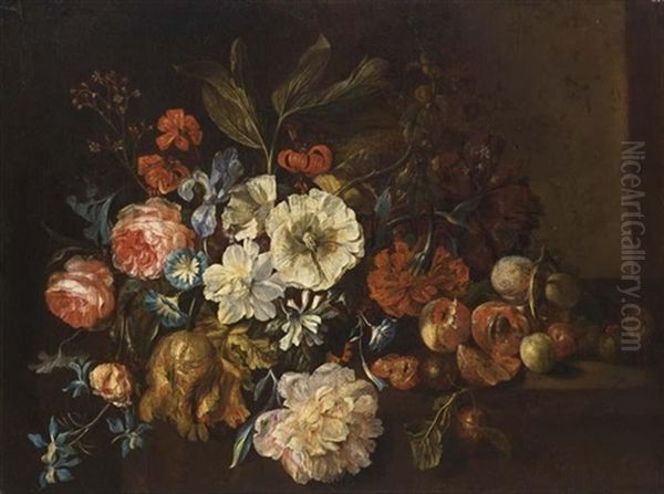 A Still Life Of Roses, Small Morning Glory, Tulips, Red Turban Cup Lilies, An Iris And Other Flowers, Peaches And Prunes, All On A Stone Ledge Oil Painting by Justus van Huysum