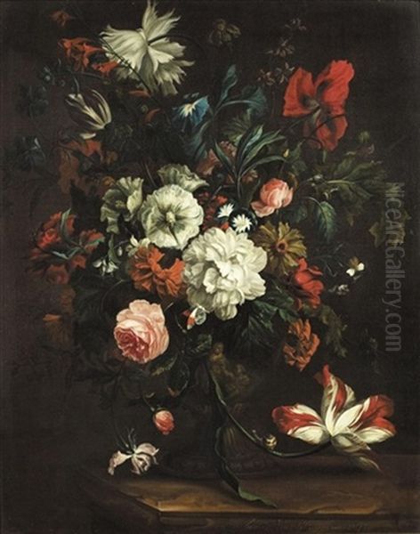 Still Life Of Roses, Peonies, Morning Glory And Other Flowers In A Sculpted Urn On A Stone Ledge Oil Painting by Justus van Huysum
