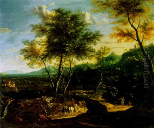 A Wooded Landscape With A Hunting Party On A Path, A Castle And Mountains Beyond Oil Painting by Justus van Huysum