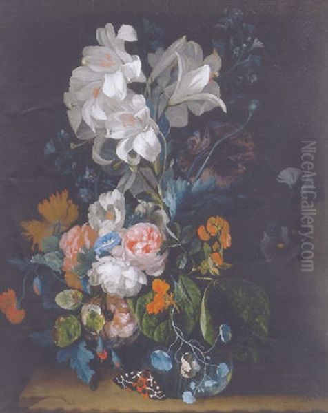 Lilies, Roses, Carnations And Other Flowers In A Glass Vase On A Stone Ledge With A Butterfly Oil Painting by Justus van Huysum