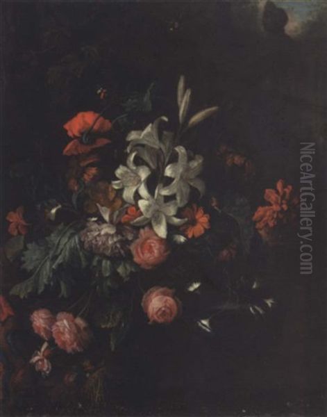 Roses, Lilies, A Poppy, Morning Glory And Other Flowers In A Basket On A Ledge Partly Draped With A Carpet Oil Painting by Justus van Huysum