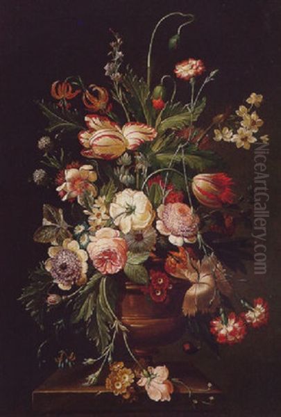 Still Life Of Roses, Variegated Tulips, Carnations, Chyrsanthemums And Other Flowers In A Vase, Upon A Stone Pedestal Oil Painting by Justus van Huysum