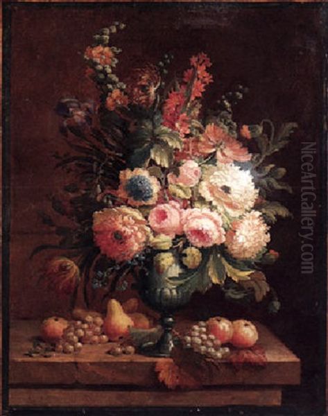 A Still Life Of Roses, Chrysanthemums, Tulips And Other Flowers In An Urn, With Pears, Apples And Grapes All On A Stone Ledge Oil Painting by Justus van Huysum