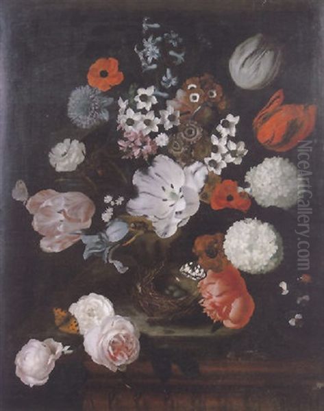 A Still Life Of Tulips, Narcissi, Hyacinths And Other Flowers In A Stone Vase Oil Painting by Justus van Huysum