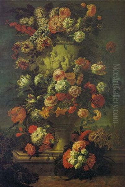 Roses, Lilies And Other Flowers In A Basket On A Ledge Partly Draped With A Carpet Oil Painting by Justus van Huysum