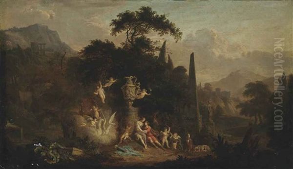 A Wooded River Landscape With Venus And Adonis Beside A Sculpted Urn With Putti Oil Painting by Jan Van Huysum
