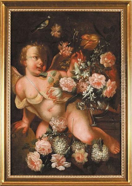 Amor I Kwiaty Oil Painting by Jan Van Huysum