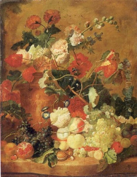 Roses, Carnations And Other Flowers In A Vase With A Pomegranate, Peaches And Other Fruit On A Ledge Oil Painting by Jan Van Huysum