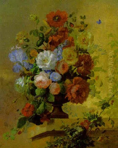 Flowers In An Urn On A Ledge Oil Painting by Jan Van Huysum