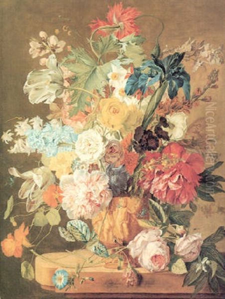 Roses, Peonies, Tulips, Morning Glory, And Iris, Columbine  A Poppy, Jonquils And Other Flowers In A Carved Urn Oil Painting by Jan Van Huysum