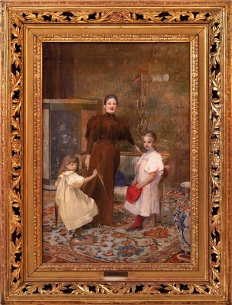 Portrait Of Mrs Hruskova With Children Oil Painting by Vojtech (Adalbert) Hynais