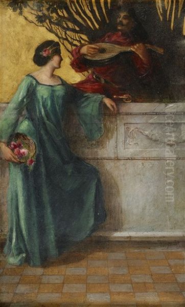 Woman Courted By A Man Playing The Lute Oil Painting by Vojtech (Adalbert) Hynais
