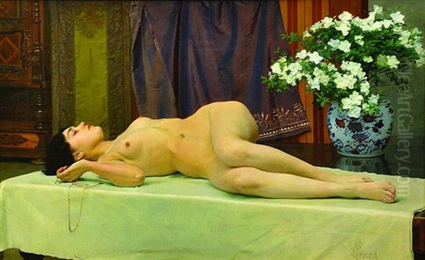 Lying Nude Oil Painting by Vojtech (Adalbert) Hynais