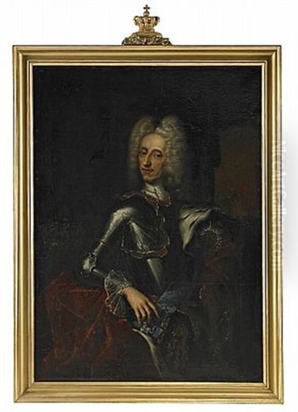 Portratt Av Kung Fredrik Iv Av Danmark, Ikladd Rustning Och Hermelinbramad Mantel Med Strokronor Samt Ljusblatt Ordensband Med Elefantorden Och Kraschan Oil Painting by Hans Hysing