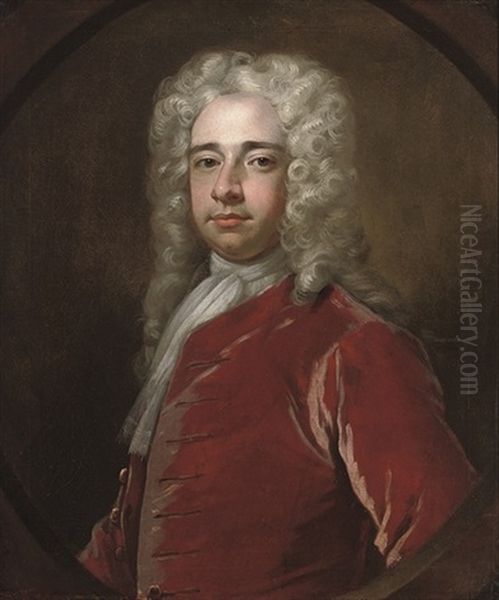 Portrait Of A Gentleman, In A Red Velvet Coat Oil Painting by Hans Hysing