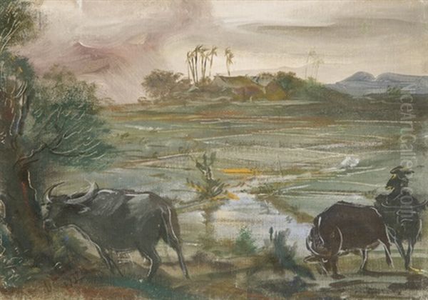 Paddy Fields In Annam, Indochina Oil Painting by Alexander Evgenevich Iacovleff