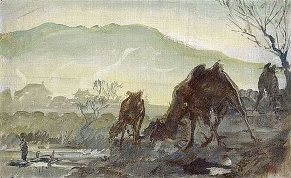 Le Chamelier Et Ses Montures Oil Painting by Alexander Evgenevich Iacovleff