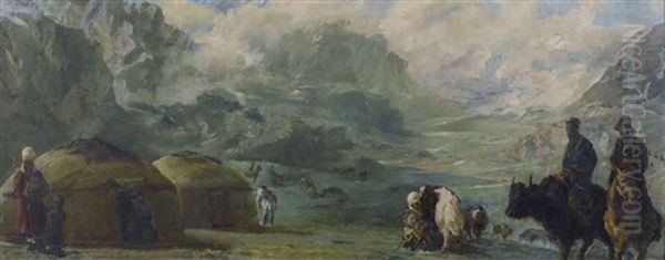 Kirghiz Encampment On The Roof Of The World Oil Painting by Alexander Evgenevich Iacovleff