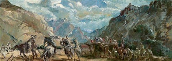 Joueurs De Polo A Misgar (himalaya Pamir) Oil Painting by Alexander Evgenevich Iacovleff