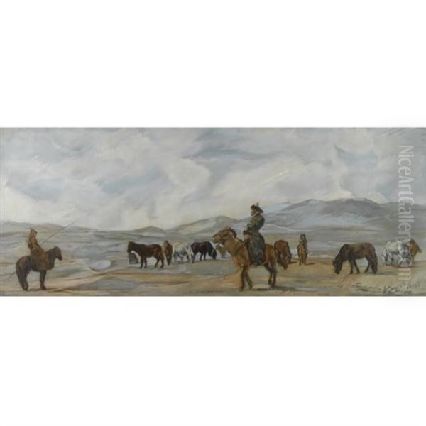 Mongolian Horsemen Oil Painting by Alexander Evgenevich Iacovleff