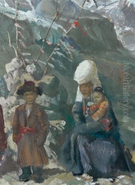 Femmes Kirghiz Et Leurs Enfants Dans L'himalaya Oil Painting by Alexander Evgenevich Iacovleff