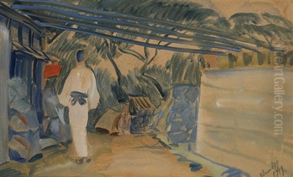 Japanese Woman In A Garden Oil Painting by Alexander Evgenevich Iacovleff