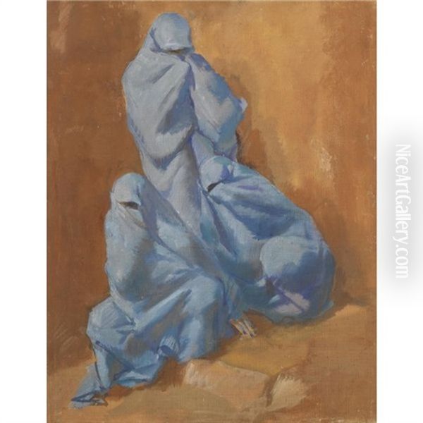 Three Women In Blue Veils Oil Painting by Alexander Evgenevich Iacovleff
