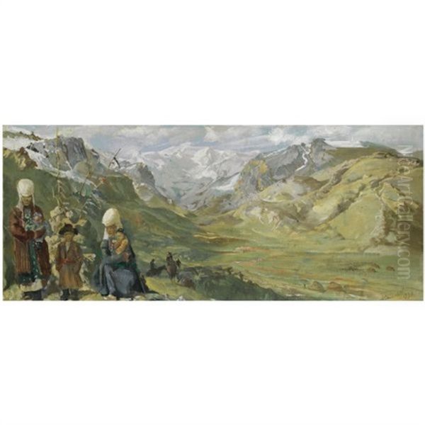 Kirghiz Women And Their Children In The Himalayas Oil Painting by Alexander Evgenevich Iacovleff