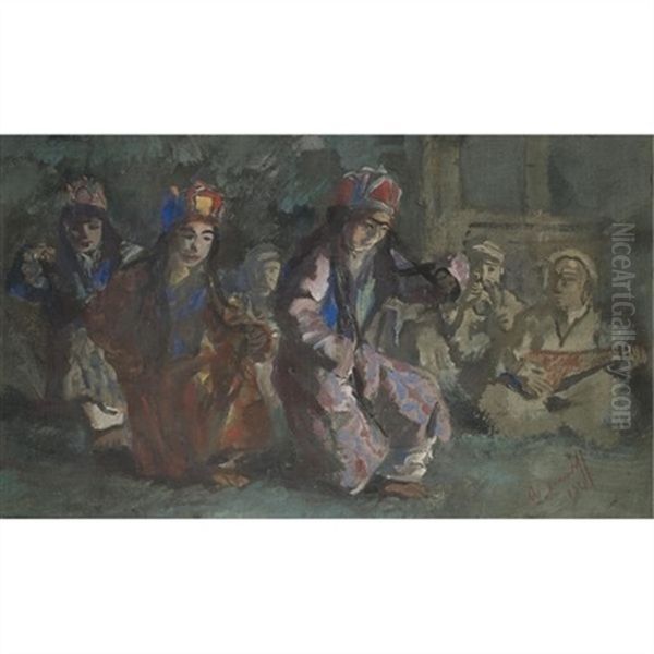 Dancers Of The Mir Of Hunza Oil Painting by Alexander Evgenevich Iacovleff