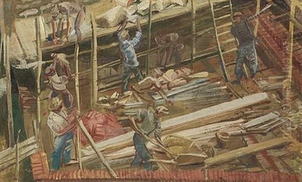 Workers On The Construction Site Oil Painting by Alexander Evgenevich Iacovleff