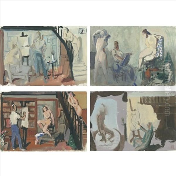 Studies Of The Artist And His Model (4 Works, One 1914, Sgd.) Oil Painting by Alexander Evgenevich Iacovleff