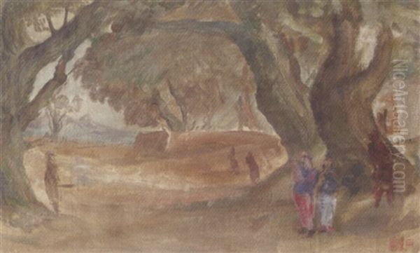 Figures In A Landscape Oil Painting by Alexander Evgenevich Iacovleff