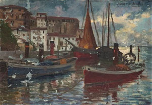 Barcas En El Puerto Oil Painting by Julian Ibanez de Aldecoa
