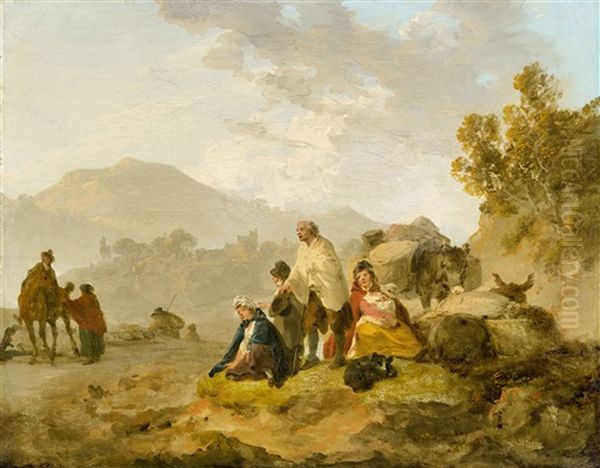 Travelling Folk In Wales - Two Paintings Oil Painting by Julius Caesar Ibbetson