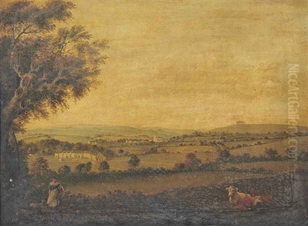 An Extensive Landscape With Cattle, A Girl And A Dog In The Foreground, A Farmstead With A Village And Church Beyond Oil Painting by Julius Caesar Ibbetson