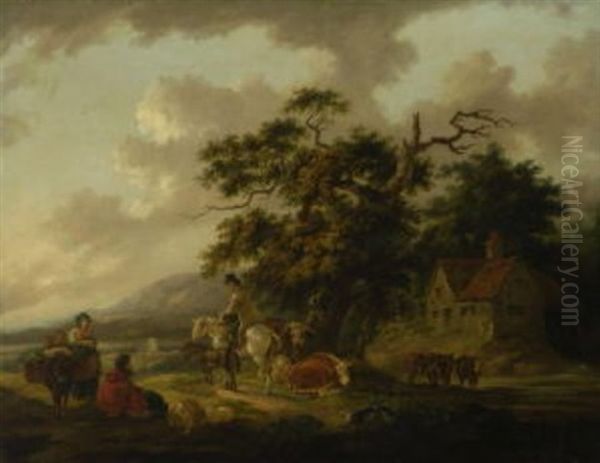 Rastende Bauern Mit Vieh Bei Einem Bauernhaus Am Waldesrand Oil Painting by Julius Caesar Ibbetson