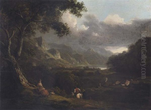 An Extensive Landscape (a View Of The Lake District?) With Figures In The Foreground Oil Painting by Julius Caesar Ibbetson