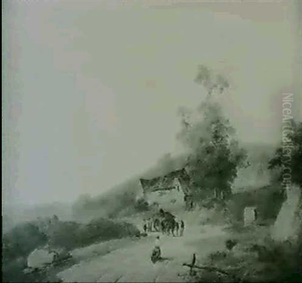 Figures With A Horse And Cart, Before Cottages, In A Wooded Landscape Oil Painting by Julius Caesar Ibbetson