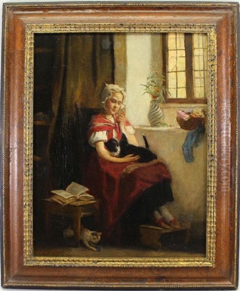 A Young Girl Seated With Two Cats Near A Window Oil Painting by Gustav Karoly Igler