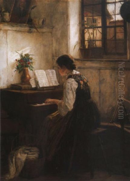 Zongorazo Leany (girl Playing By The Piano) Oil Painting by Gustav Karoly Igler