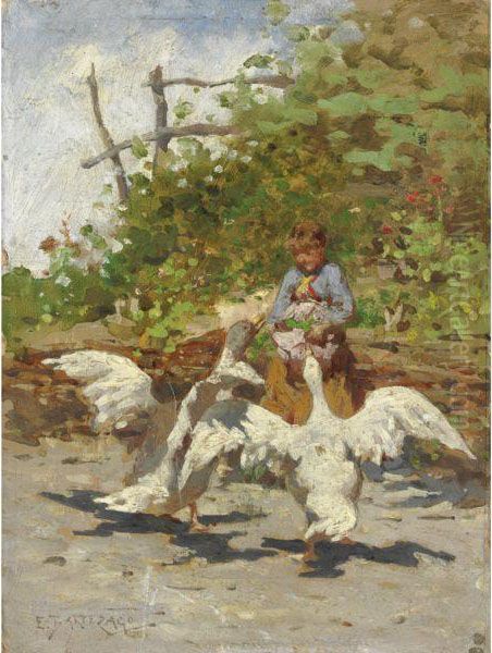 Contadina Con Le Oche Oil Painting by Enrico Pistilli