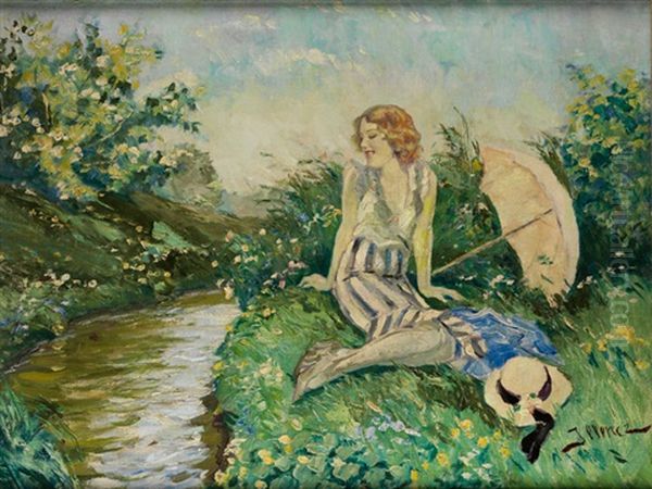 Junge Dame In Gestreiftem Kleid Mit Sonnenschirm An Einem Bachlauf Im Grunen Oil Painting by Leopold Illencz
