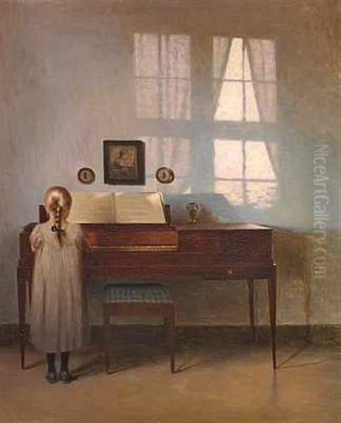 Aftensol. Lille Lysharet Pige Ved Et Spinet I Aftensolen, Pa Vaeggen Skyggerne Fra Et Sprosset Vindue Oil Painting by Peter Vilhelm Ilsted