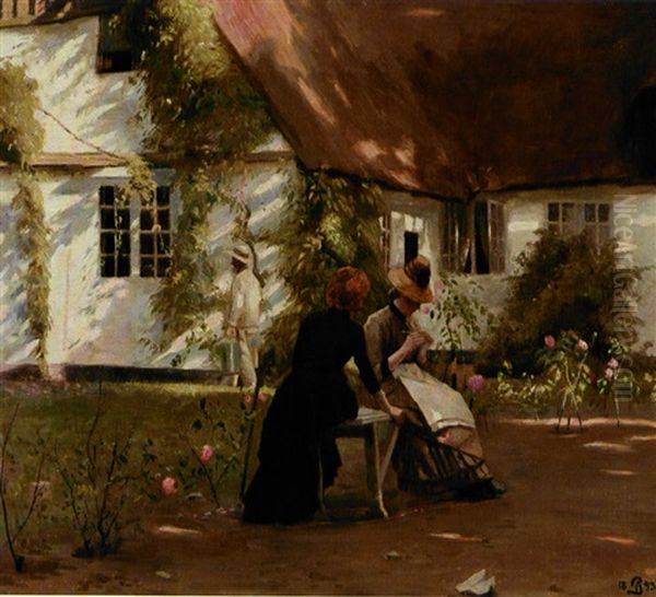 To Veninder. I Baggrunden Et Strataekt, Hvidkalket Hus (fra Hornbaek?) Oil Painting by Peter Vilhelm Ilsted