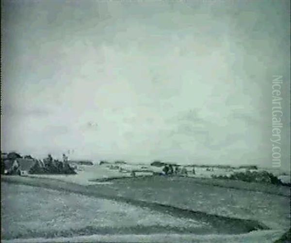 Landskab Fra Falster, Udsigt Over Landskab Med En Raekke    Traeer Og Hoj Himmel Oil Painting by Peter Vilhelm Ilsted