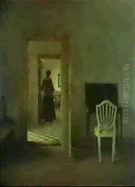 Interior Med Kvinde I Abenstaende Dor Oil Painting by Peter Vilhelm Ilsted