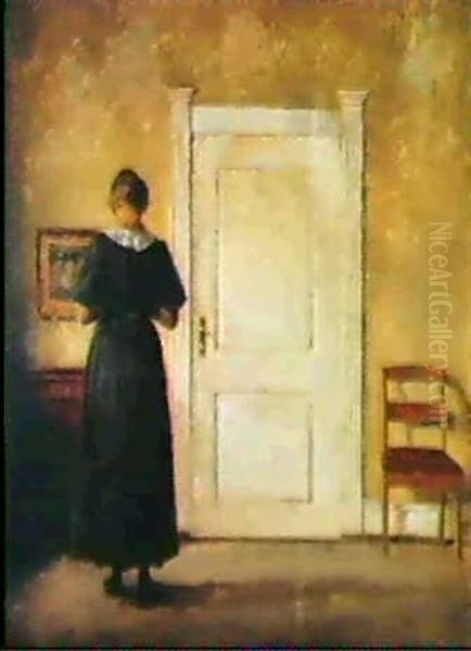 Interior Med Ung Rygvendt Kvinde Ved En Dor Oil Painting by Peter Vilhelm Ilsted